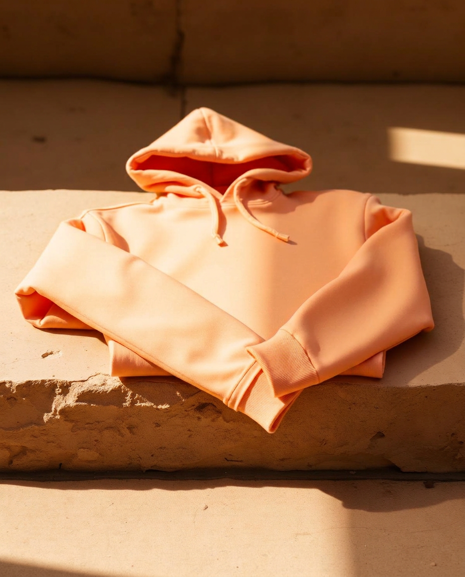Apricot Hood in men sizing, warm editorial still life