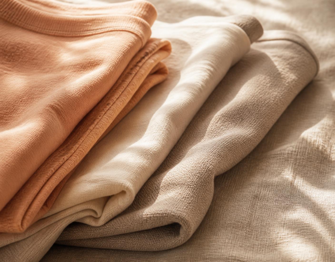 Folded apricot, cream and stone cotton garments in warm light