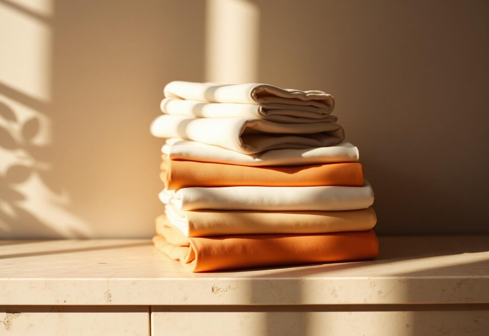 Cream and apricot cotton fabric draped on warm stone in morning light